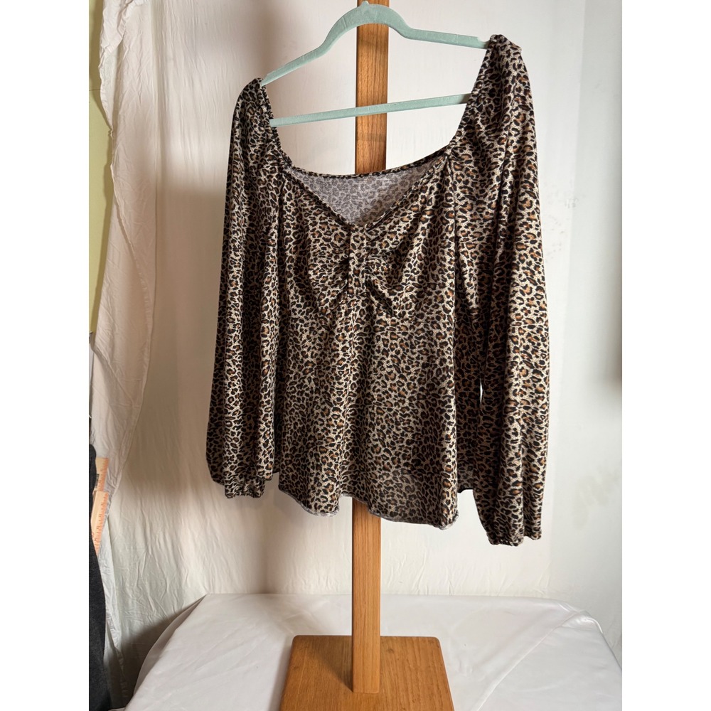 Shein‎ Curve Leopard Print Square Neck Blouse 2XL Brown Animal Print Puff Sleeve
